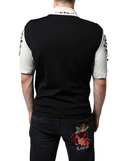 Dolce & Gabbana White Black Silk Studded Stone Crystal Shirt by Dolce & Gabbana