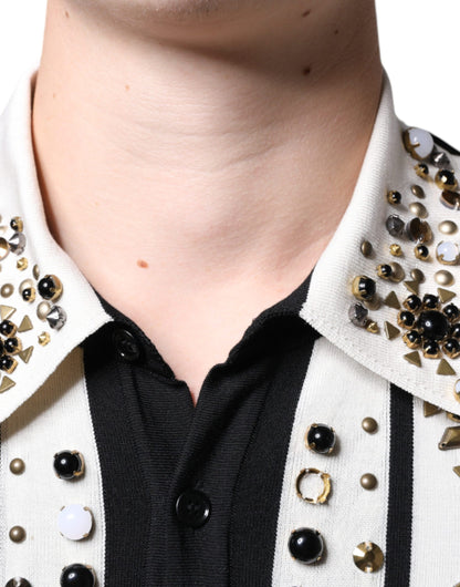 Dolce & Gabbana White Black Silk Studded Stone Crystal Shirt by Dolce & Gabbana