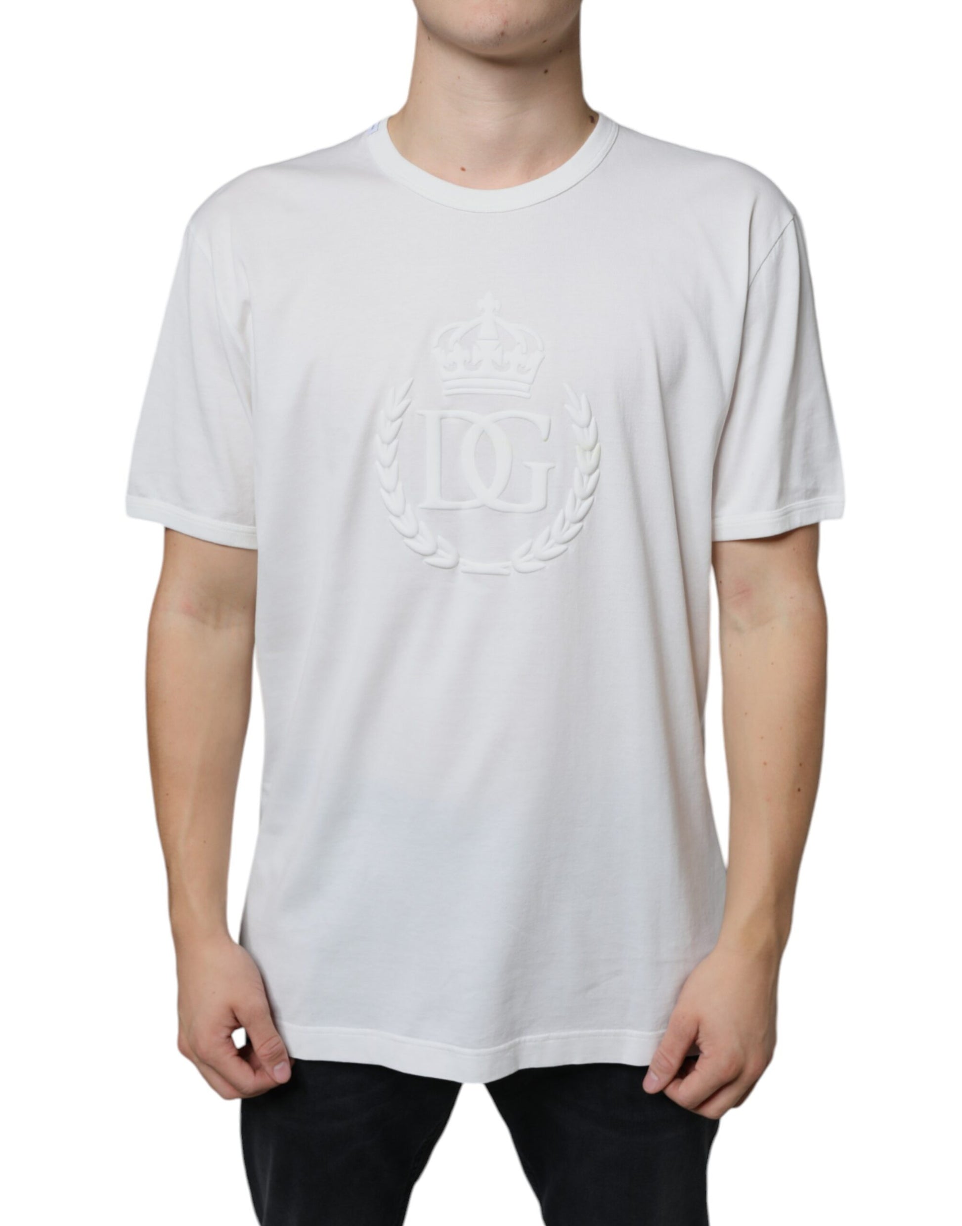 Dolce & Gabbana White Logo Embossed Cotton Crewneck T-shirt by Dolce & Gabbana
