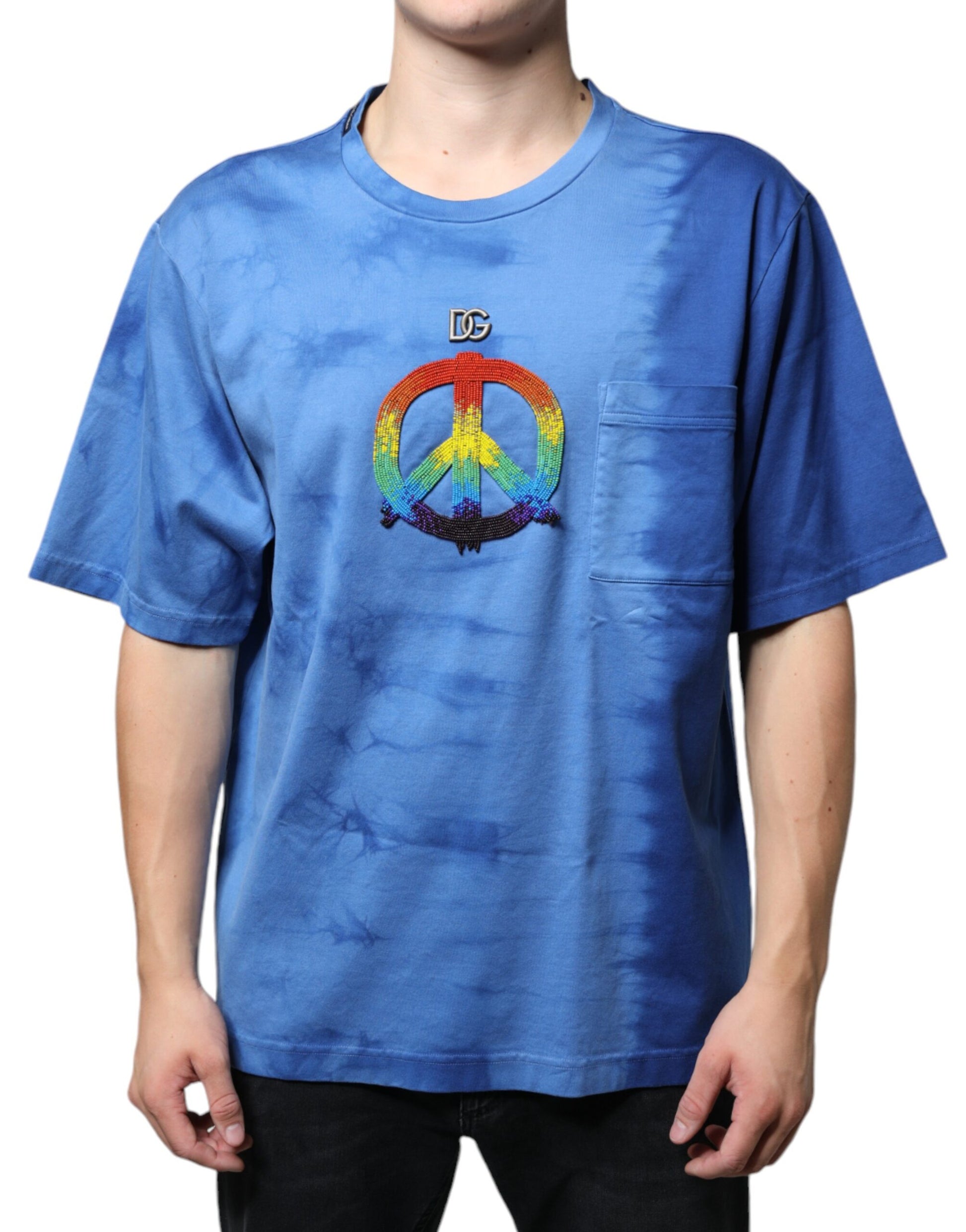 Dolce & Gabbana Blue Tie-Dye Peace Sign Cotton T-shirt by Dolce & Gabbana