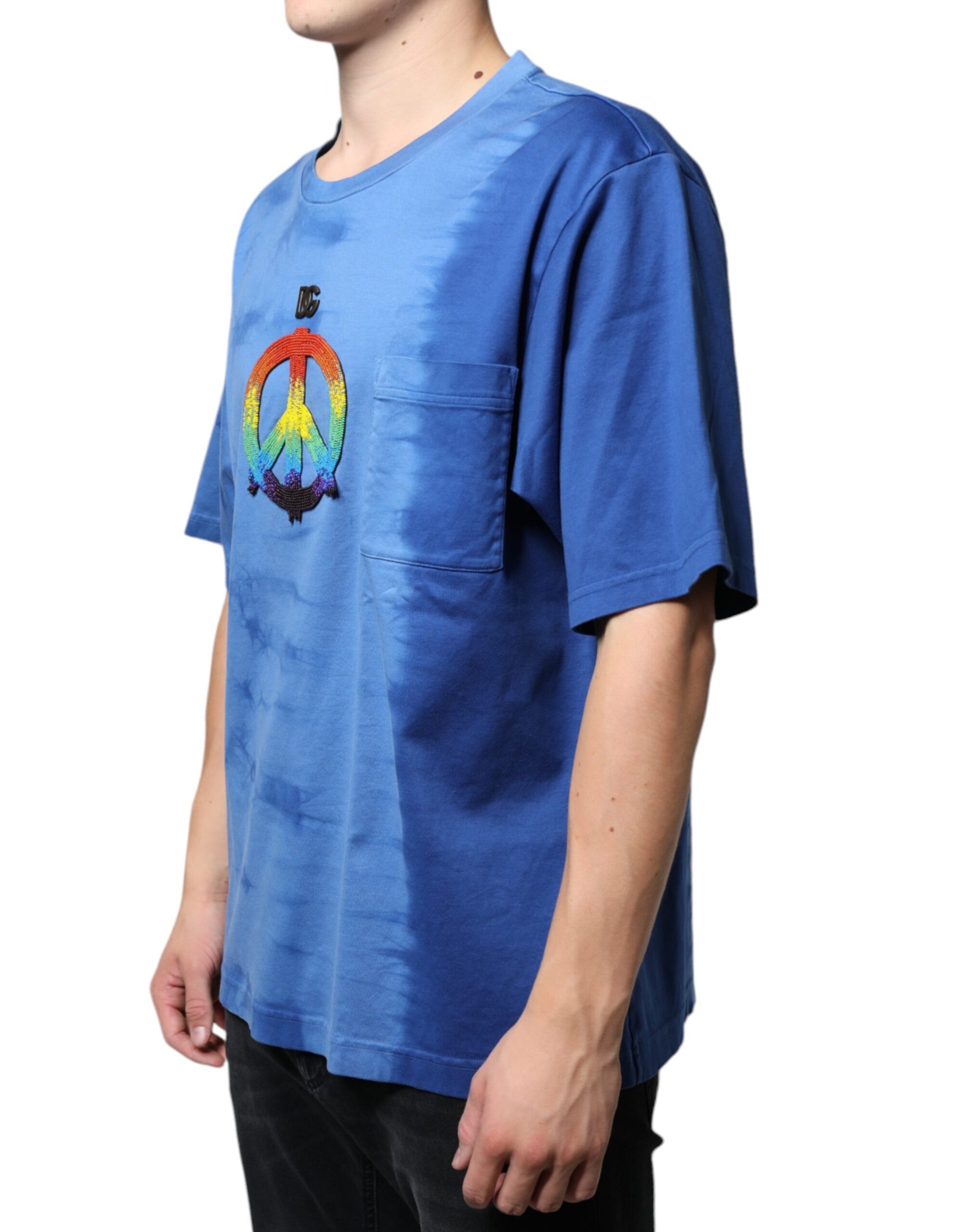 Dolce & Gabbana Blue Tie-Dye Peace Sign Cotton T-shirt by Dolce & Gabbana