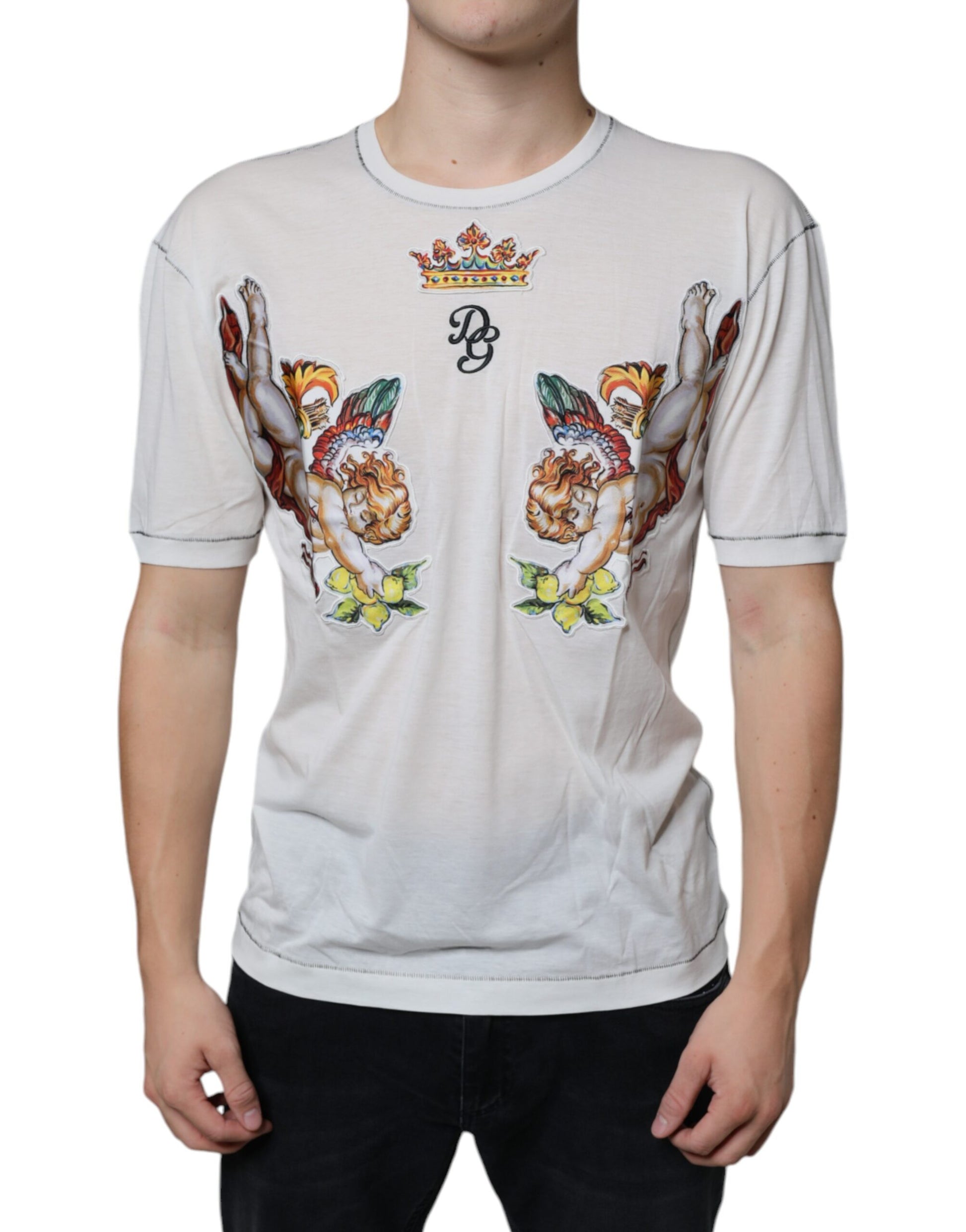 Dolce & Gabbana White Angel Crown Print Crew Neck T-shirt by Dolce & Gabbana
