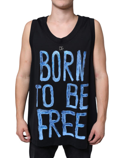 Dolce & Gabbana Black Cotton Born To Be Free Sleeveless T-shirt by Dolce & Gabbana