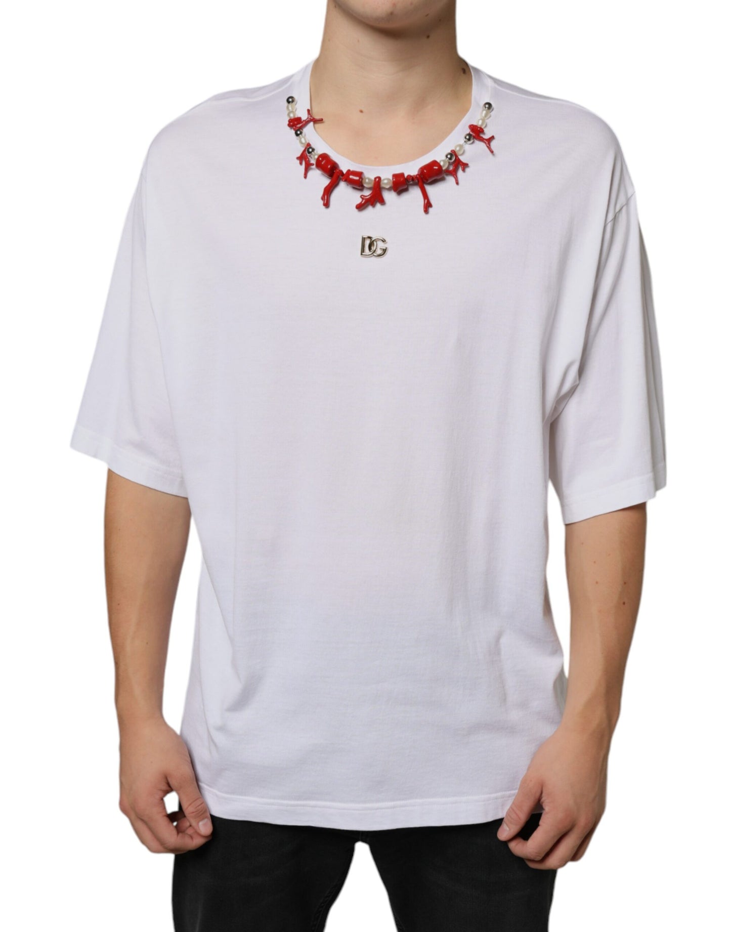 Dolce & Gabbana White Cotton Necklace Embellished T-shirt by Dolce & Gabbana