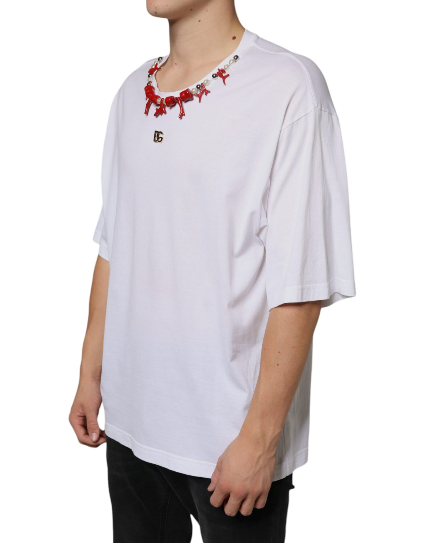 Dolce & Gabbana White Cotton Necklace Embellished T-shirt by Dolce & Gabbana