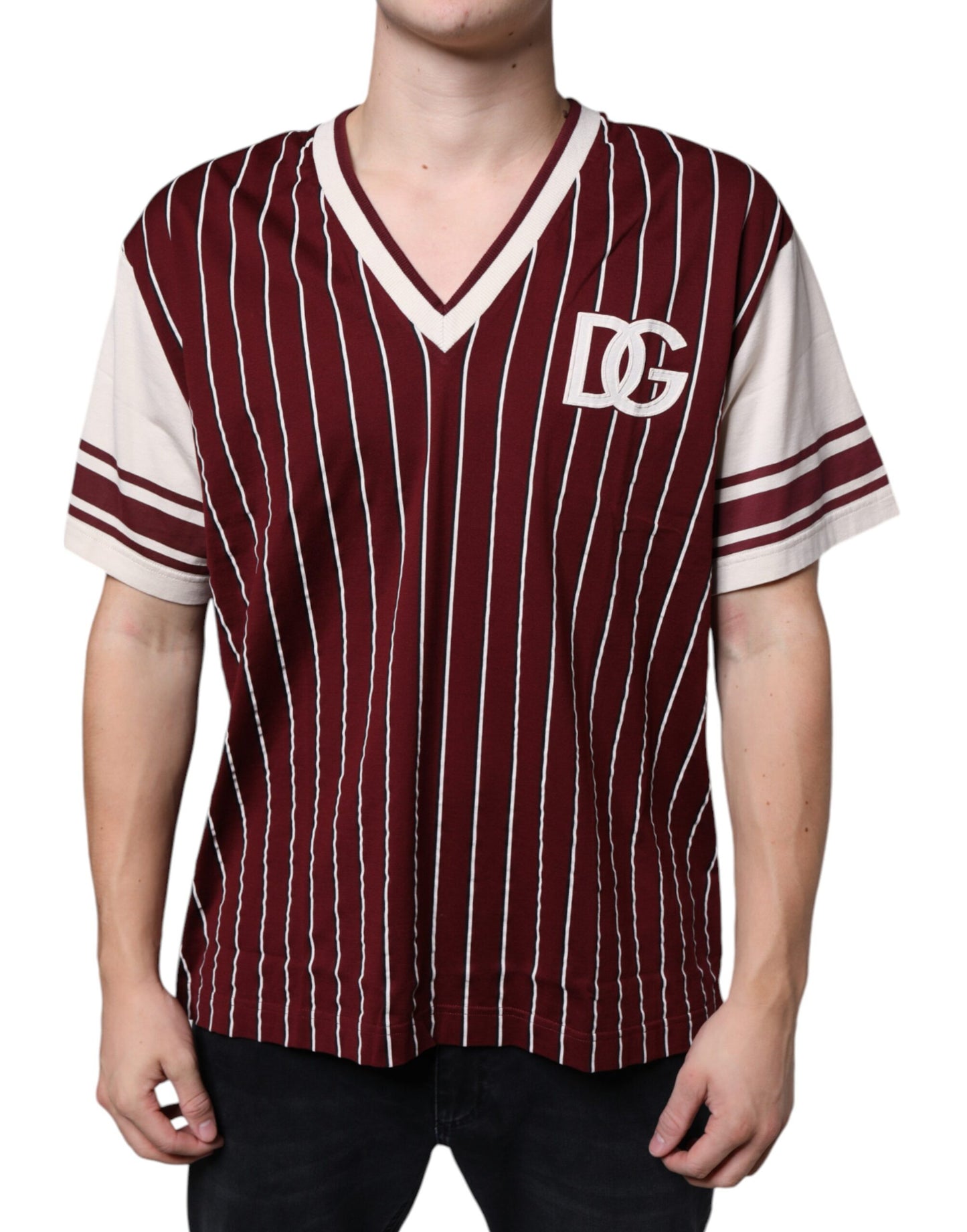 Dolce & Gabbana Maroon Stripes Cotton Logo V-neck T-shirt by Dolce & Gabbana