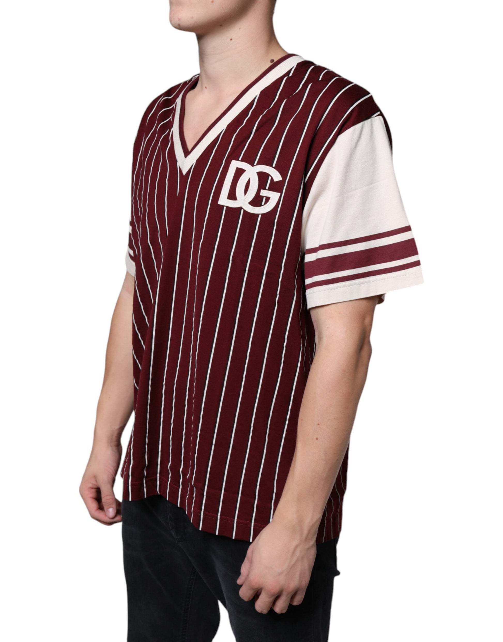 Dolce & Gabbana Maroon Stripes Cotton Logo V-neck T-shirt by Dolce & Gabbana