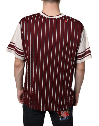 Dolce & Gabbana Maroon Stripes Cotton Logo V-neck T-shirt by Dolce & Gabbana