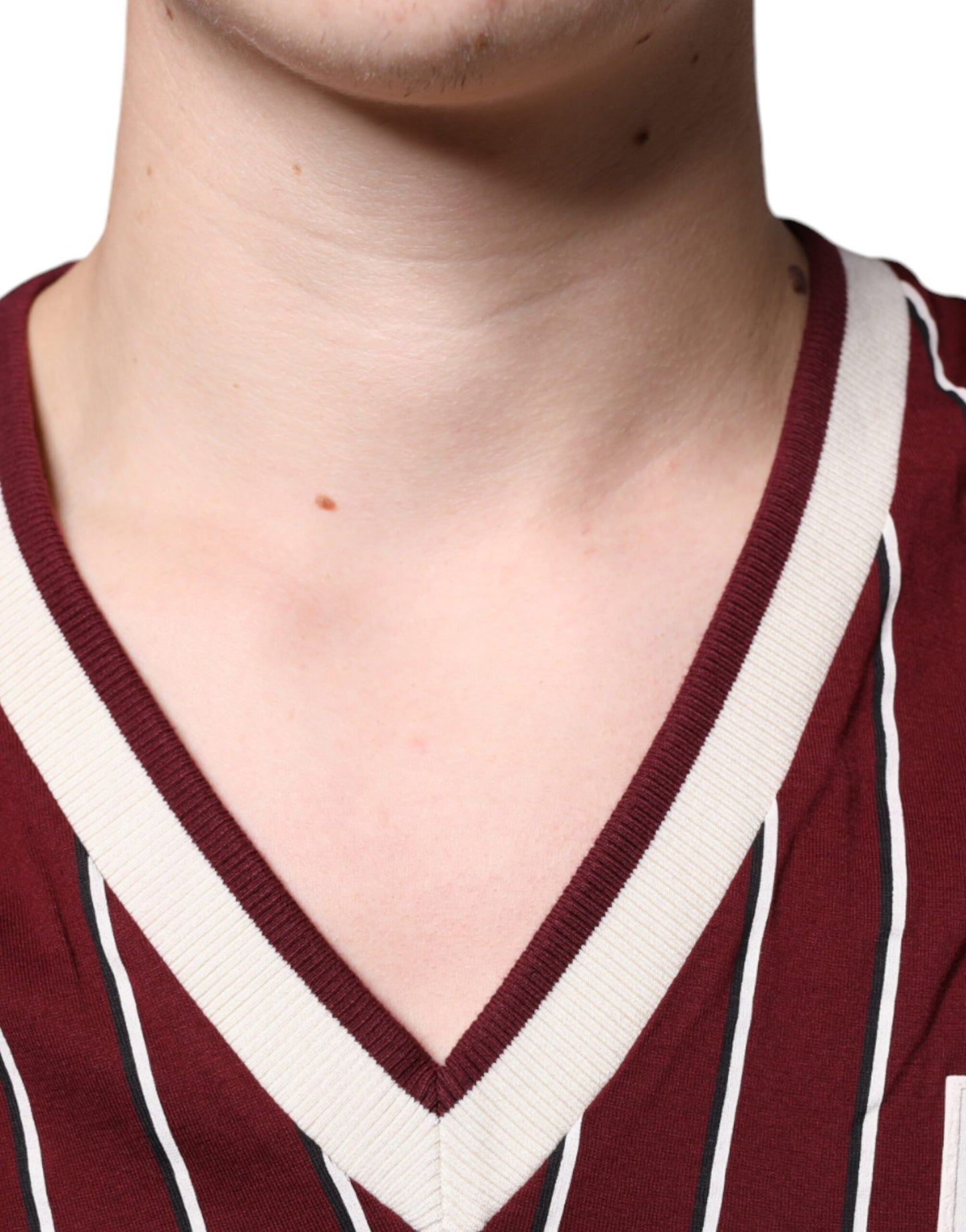 Dolce & Gabbana Maroon Stripes Cotton Logo V-neck T-shirt by Dolce & Gabbana