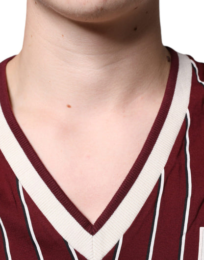 Dolce & Gabbana Maroon Stripes Cotton Logo V-neck T-shirt by Dolce & Gabbana
