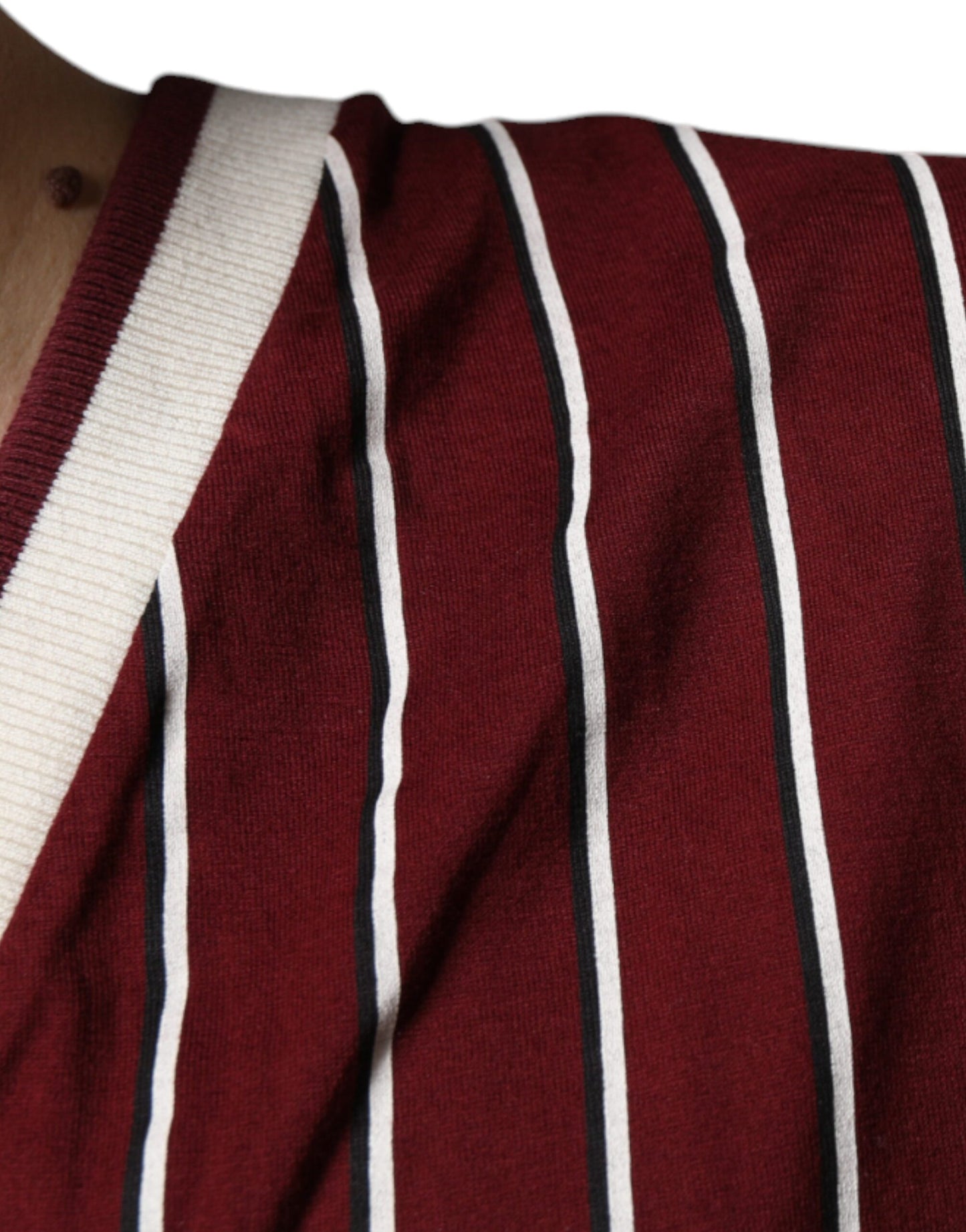 Dolce & Gabbana Maroon Stripes Cotton Logo V-neck T-shirt by Dolce & Gabbana