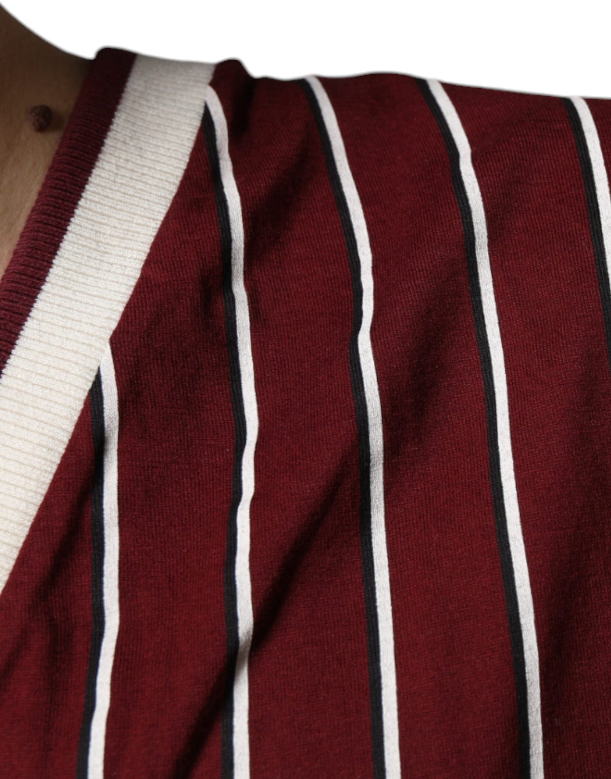 Dolce & Gabbana Maroon Stripes Cotton Logo V-neck T-shirt by Dolce & Gabbana