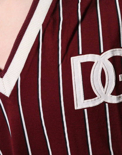 Dolce & Gabbana Maroon Stripes Cotton Logo V-neck T-shirt by Dolce & Gabbana