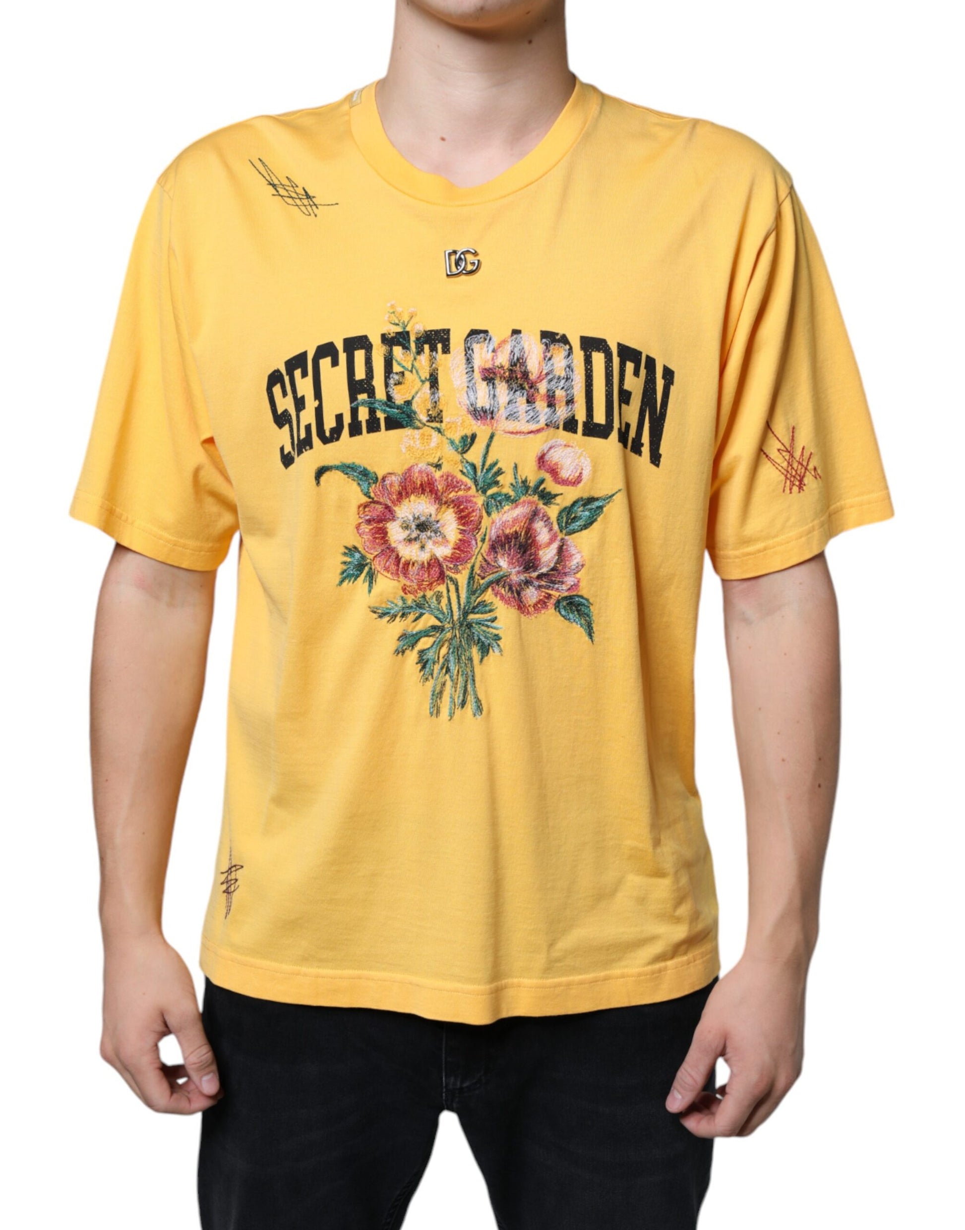 Dolce & Gabbana Yellow Secret Graden Floral Cotton Crew Neck T-shirt by Dolce & Gabbana