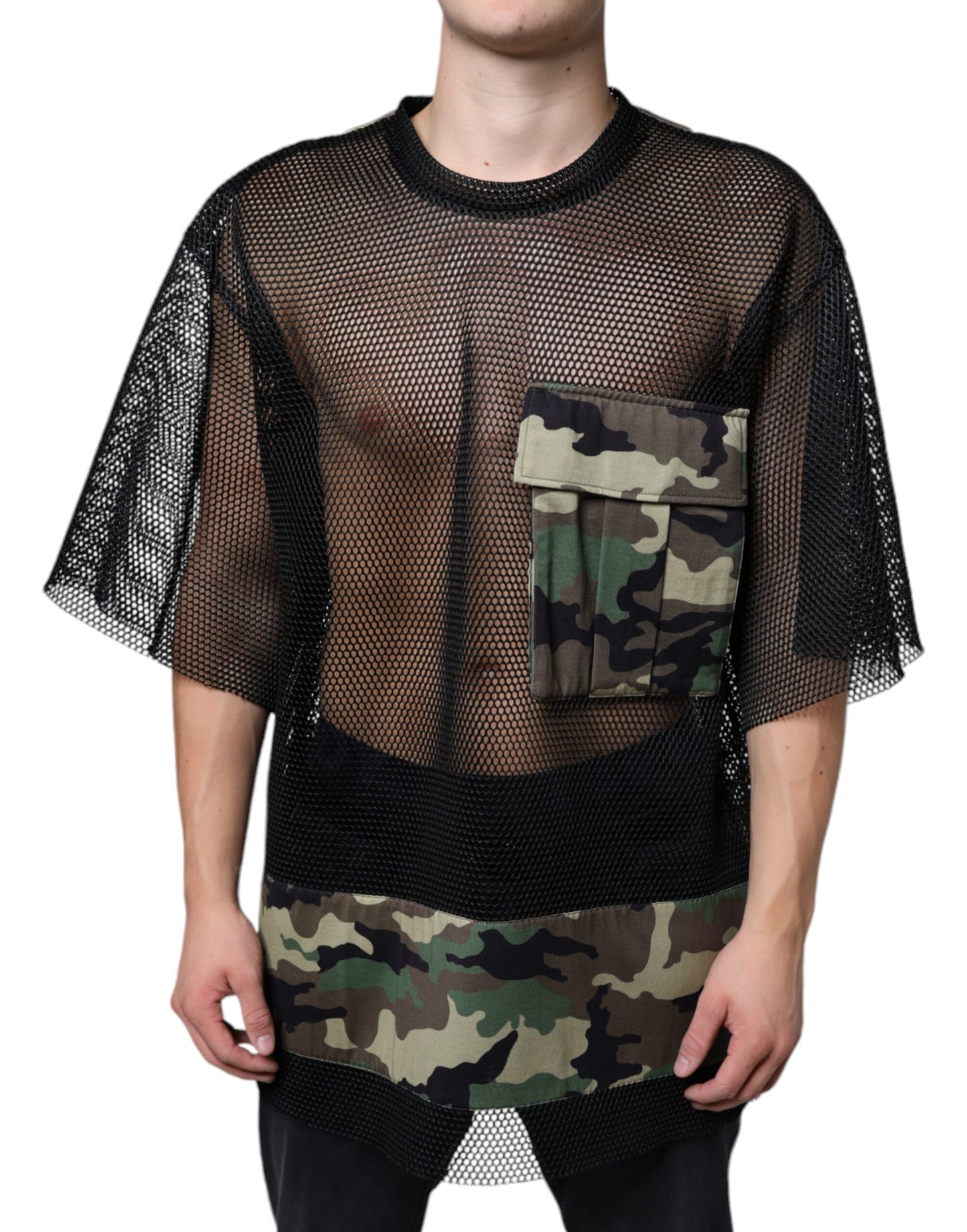 Dolce & Gabbana Black Mesh Camouflage Short Sleeves T-shirt by Dolce & Gabbana