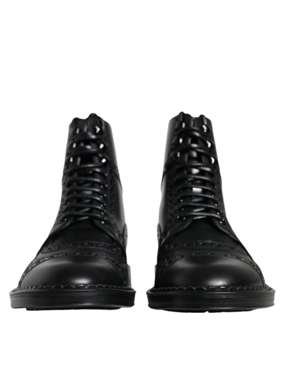 Bottes mi-mollet à lacets en cuir noir Dolce &amp; Gabbana