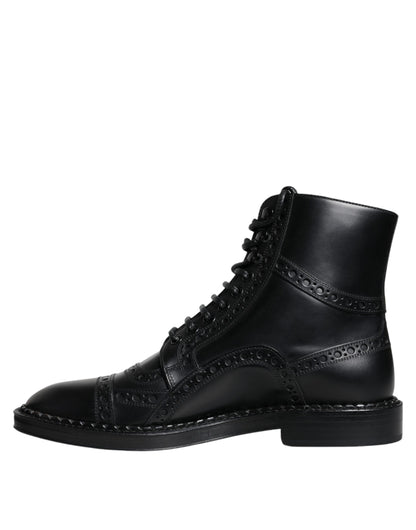 Bottes mi-mollet à lacets en cuir noir Dolce &amp; Gabbana