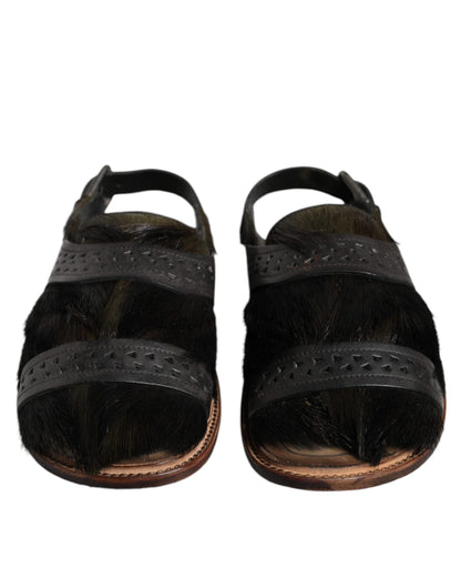 Sandales plates en cuir noir Dolce &amp; Gabbana Gazelle Hair
