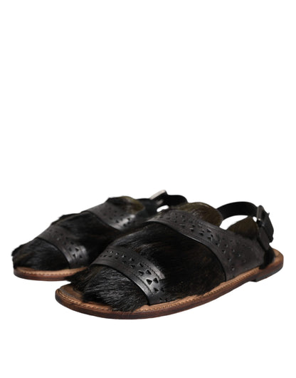 Sandales plates en cuir noir Dolce &amp; Gabbana Gazelle Hair