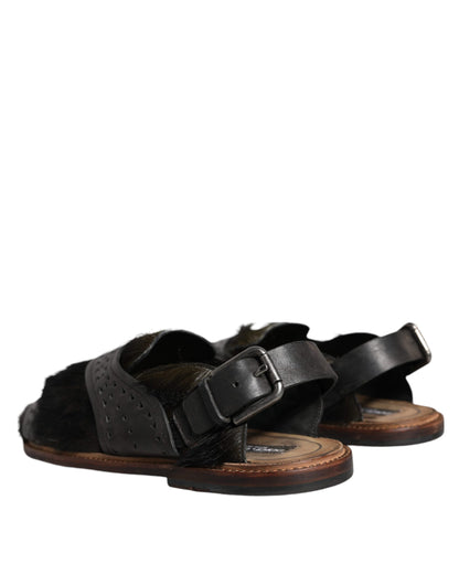 Sandales plates en cuir noir Dolce &amp; Gabbana Gazelle Hair