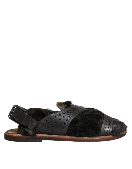 Sandales plates en cuir noir Dolce &amp; Gabbana Gazelle Hair