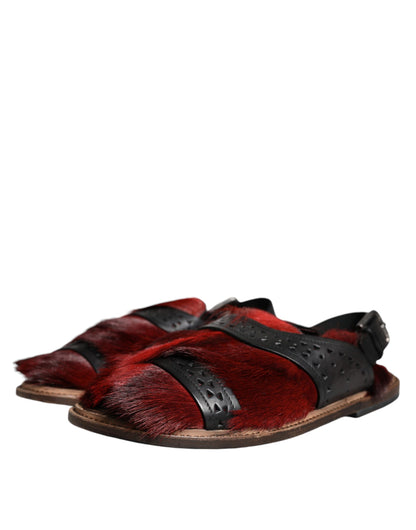 Sandales en cuir à poils de gazelle noires et rouges Dolce &amp; Gabbana
