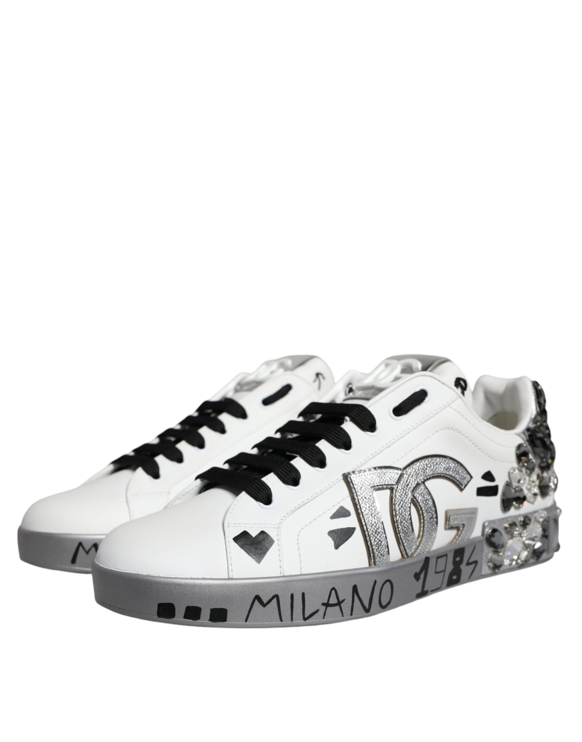 Dolce & Gabbana White Silver Crystal Logo Portofino Sneakers Shoes by Dolce & Gabbana