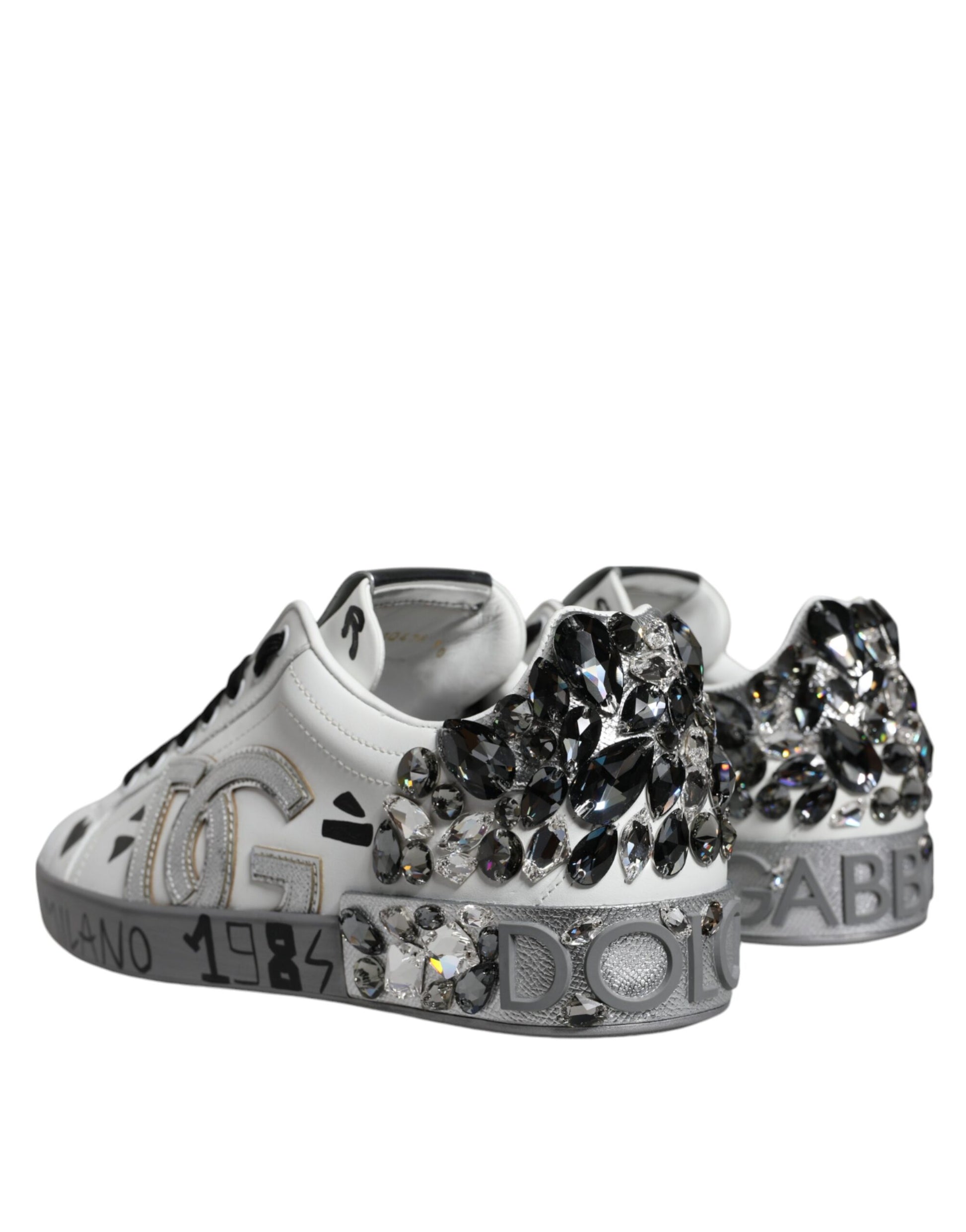 Dolce & Gabbana White Silver Crystal Logo Portofino Sneakers Shoes by Dolce & Gabbana