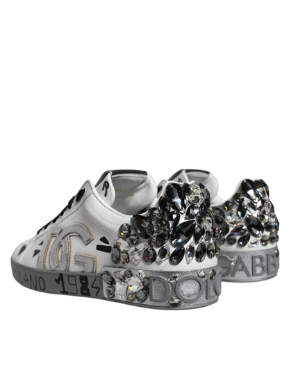Dolce & Gabbana White Silver Crystal Logo Portofino Sneakers Shoes by Dolce & Gabbana