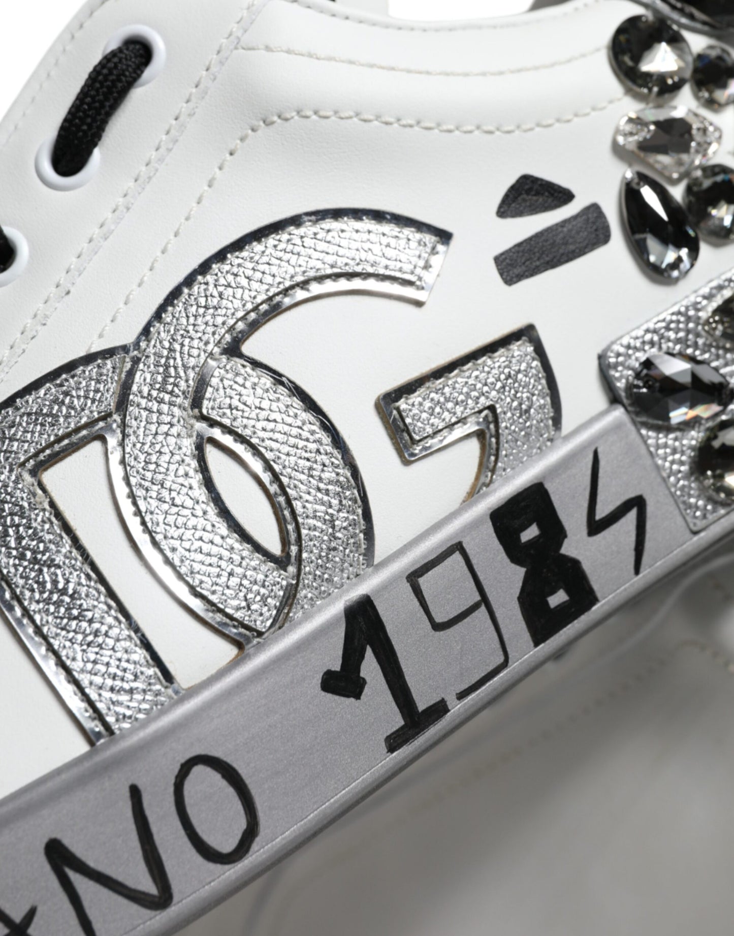 Dolce & Gabbana White Silver Crystal Logo Portofino Sneakers Shoes by Dolce & Gabbana
