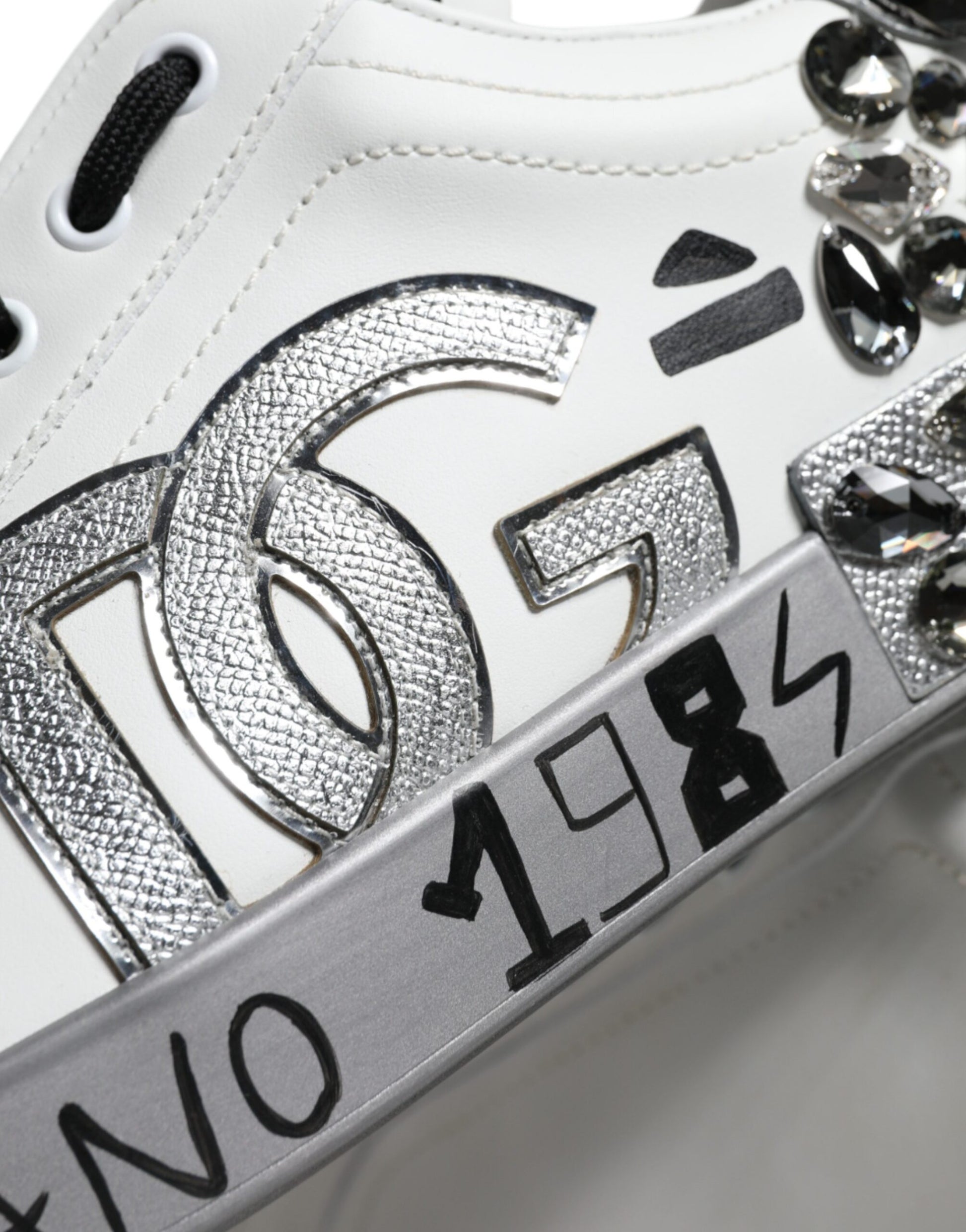 Dolce & Gabbana White Silver Crystal Logo Portofino Sneakers Shoes by Dolce & Gabbana