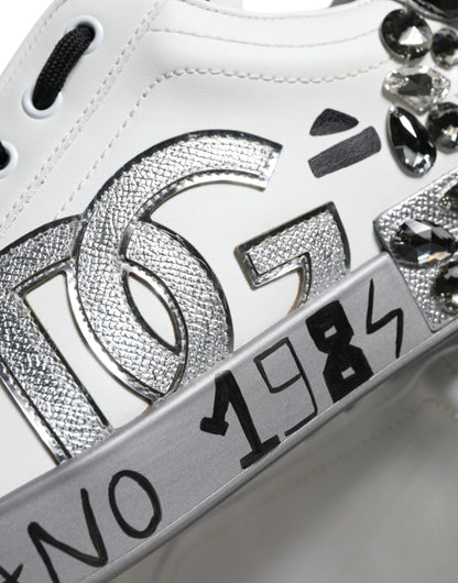 Dolce & Gabbana White Silver Crystal Logo Portofino Sneakers Shoes by Dolce & Gabbana