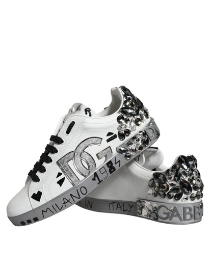Dolce & Gabbana White Silver Crystal Logo Portofino Sneakers Shoes by Dolce & Gabbana