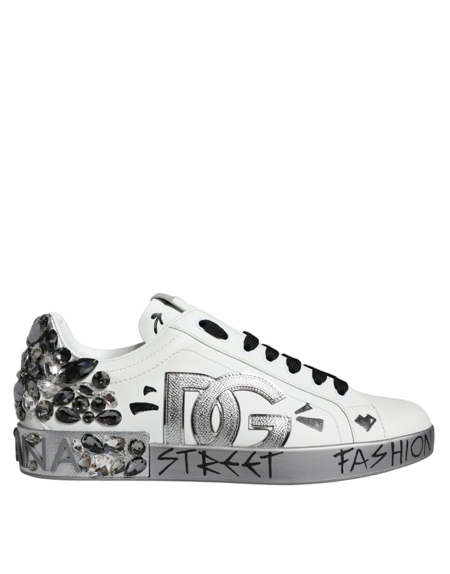 Dolce & Gabbana White Silver Crystal Logo Portofino Sneakers Shoes by Dolce & Gabbana