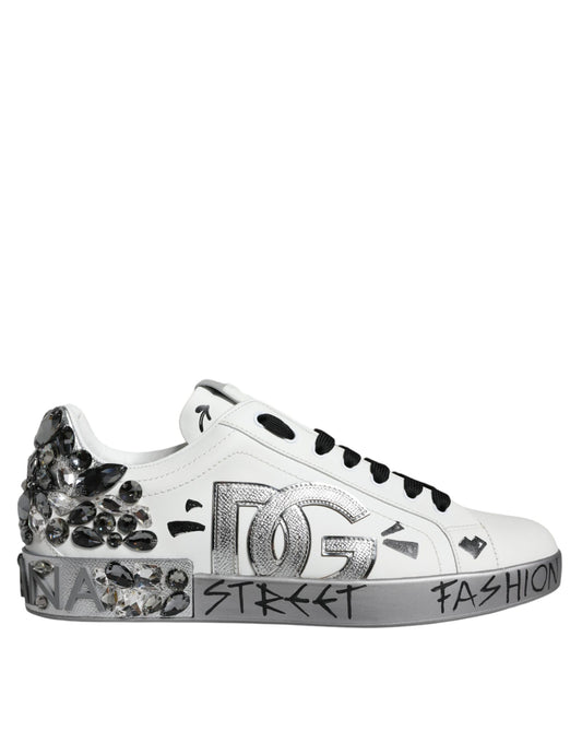 Dolce & Gabbana White Silver Crystal Logo Portofino Sneakers Shoes by Dolce & Gabbana