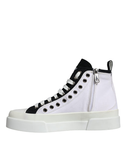 Dolce & Gabbana White Black Cotton Logo High Top Sneaker Shoes by Dolce & Gabbana