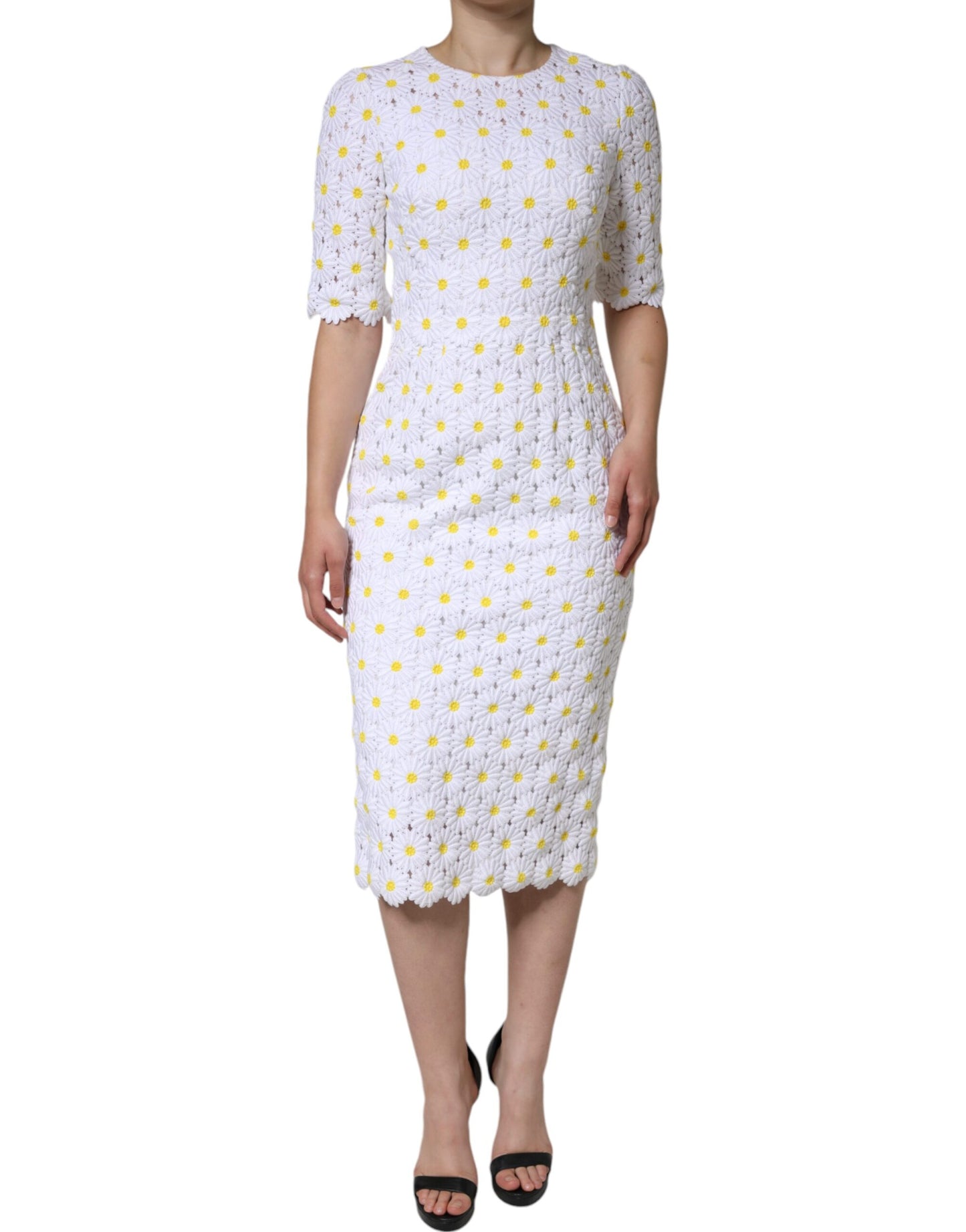 Dolce & Gabbana White Daisy Macrame Lace Sheath Midi Dress by Dolce & Gabbana
