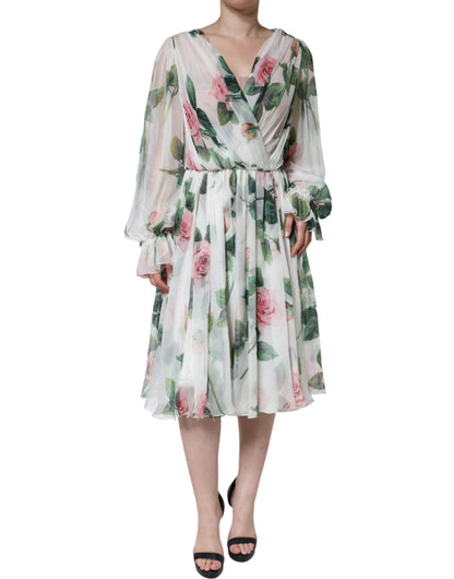 Dolce & Gabbana White Silk Floral Print A-line Midi Dress by Dolce & Gabbana