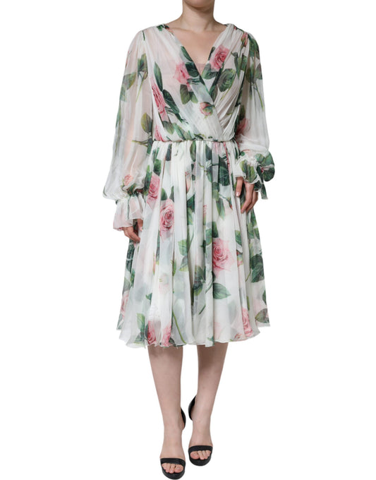 Dolce & Gabbana White Silk Floral Print A-line Midi Dress by Dolce & Gabbana