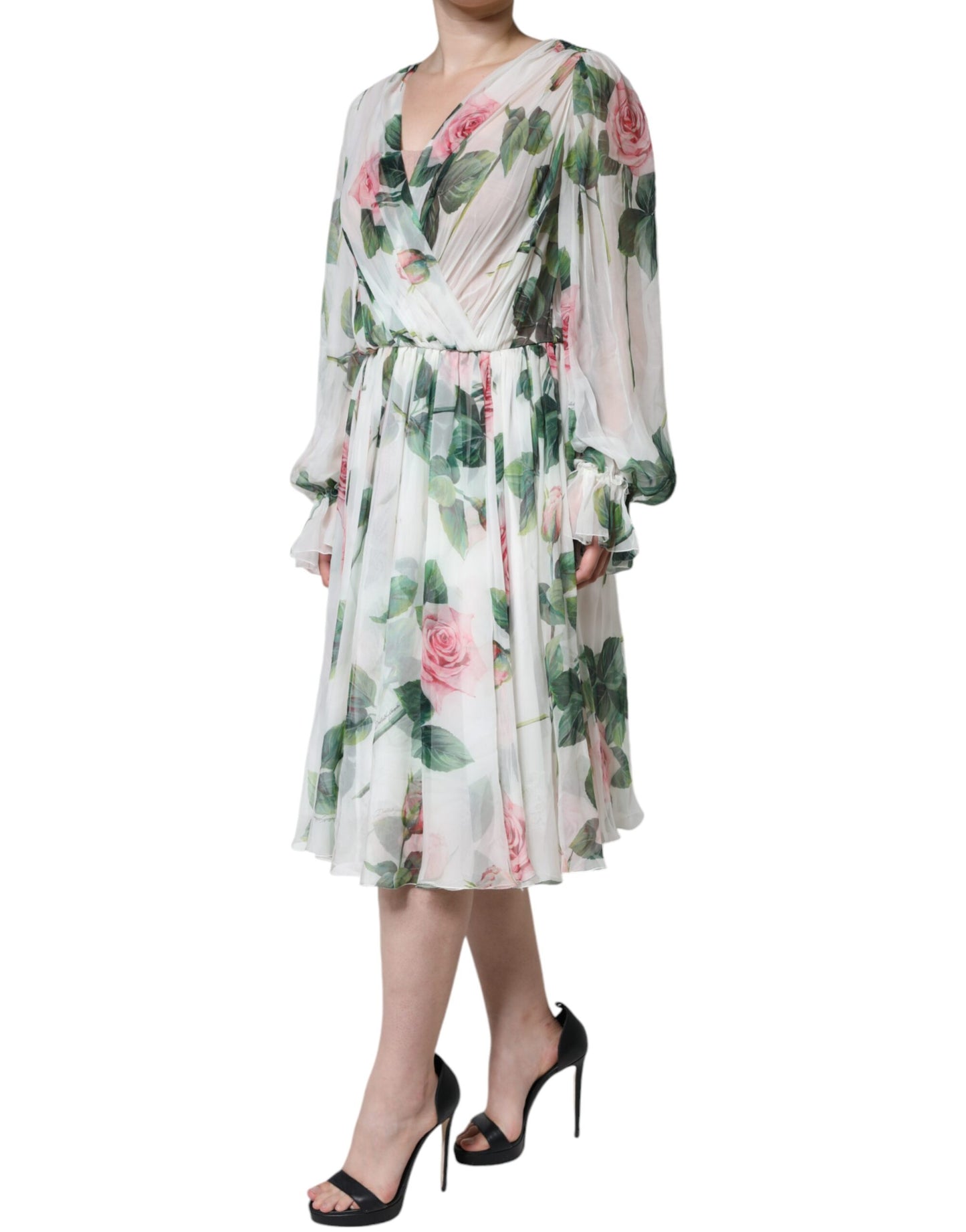 Dolce & Gabbana White Silk Floral Print A-line Midi Dress by Dolce & Gabbana