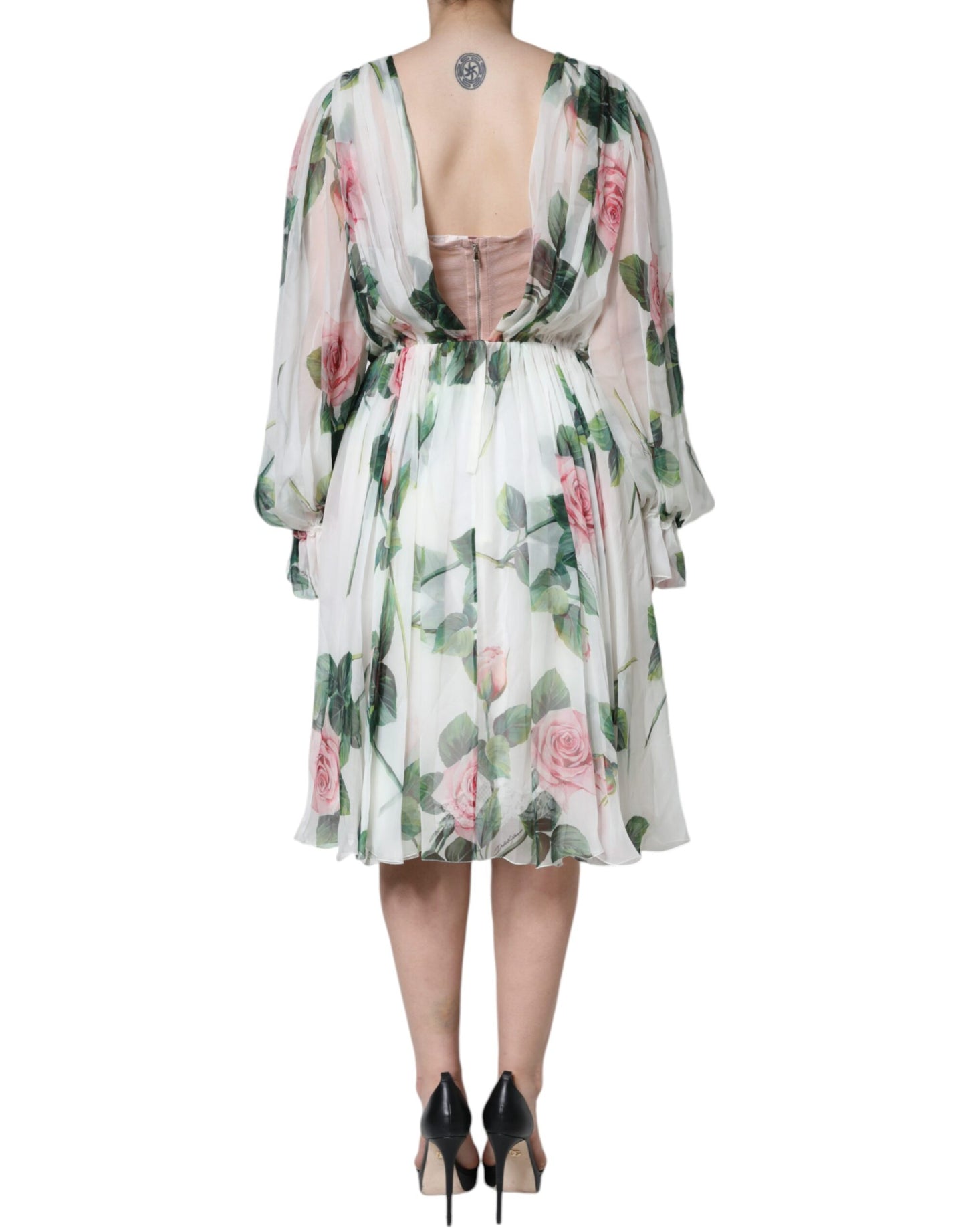 Dolce & Gabbana White Silk Floral Print A-line Midi Dress by Dolce & Gabbana
