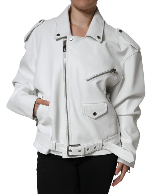 Dolce &amp; Gabbana - Veste de motard en cuir d'agneau blanc