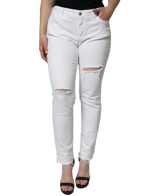 Dolce & Gabbana White Cotton Stretch Tattered Skinny Jeans by Dolce & Gabbana