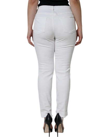 Dolce & Gabbana White Cotton Stretch Tattered Skinny Jeans by Dolce & Gabbana