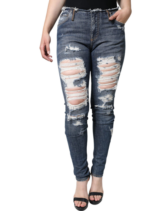 Dolce & Gabbana Blue Cotton Stretch Tattered Skinny Jeans by Dolce & Gabbana