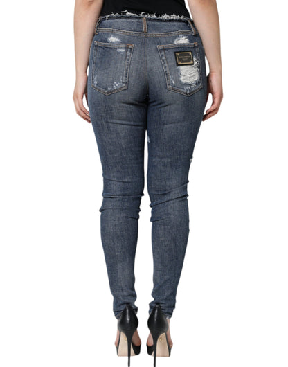Dolce & Gabbana Blue Cotton Stretch Tattered Skinny Jeans by Dolce & Gabbana