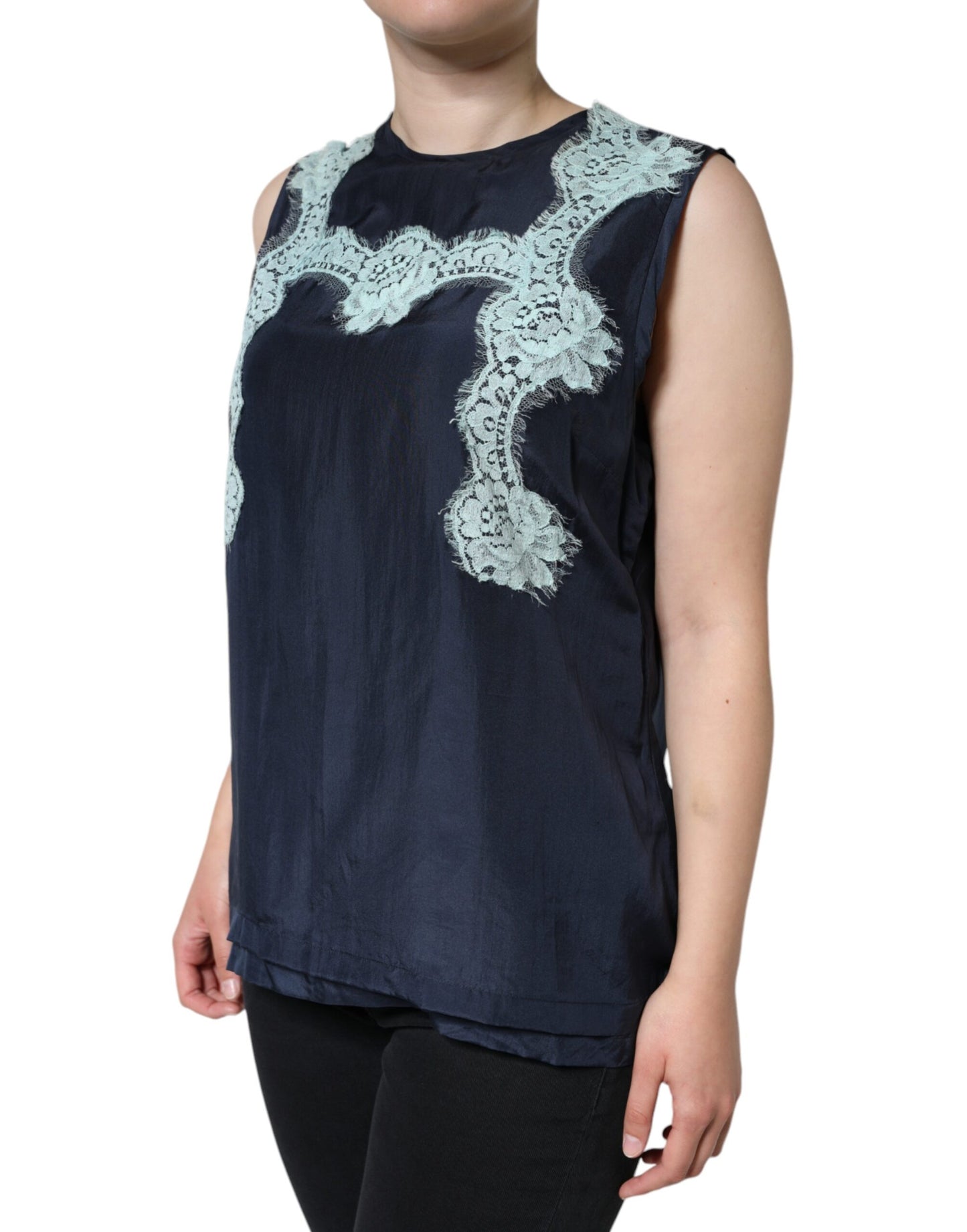 Dolce & Gabbana Blue Floral Lace Silk Sleeveless Tank Top by Dolce & Gabbana