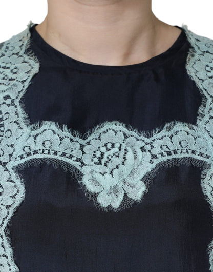 Dolce & Gabbana Blue Floral Lace Silk Sleeveless Tank Top by Dolce & Gabbana