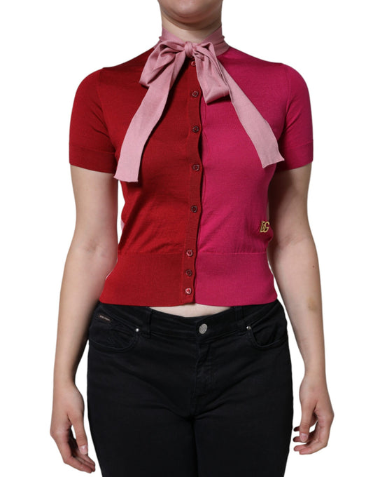 Dolce & Gabbana Pink Short Sleeves Pullover Ascot Collar Top by Dolce & Gabbana
