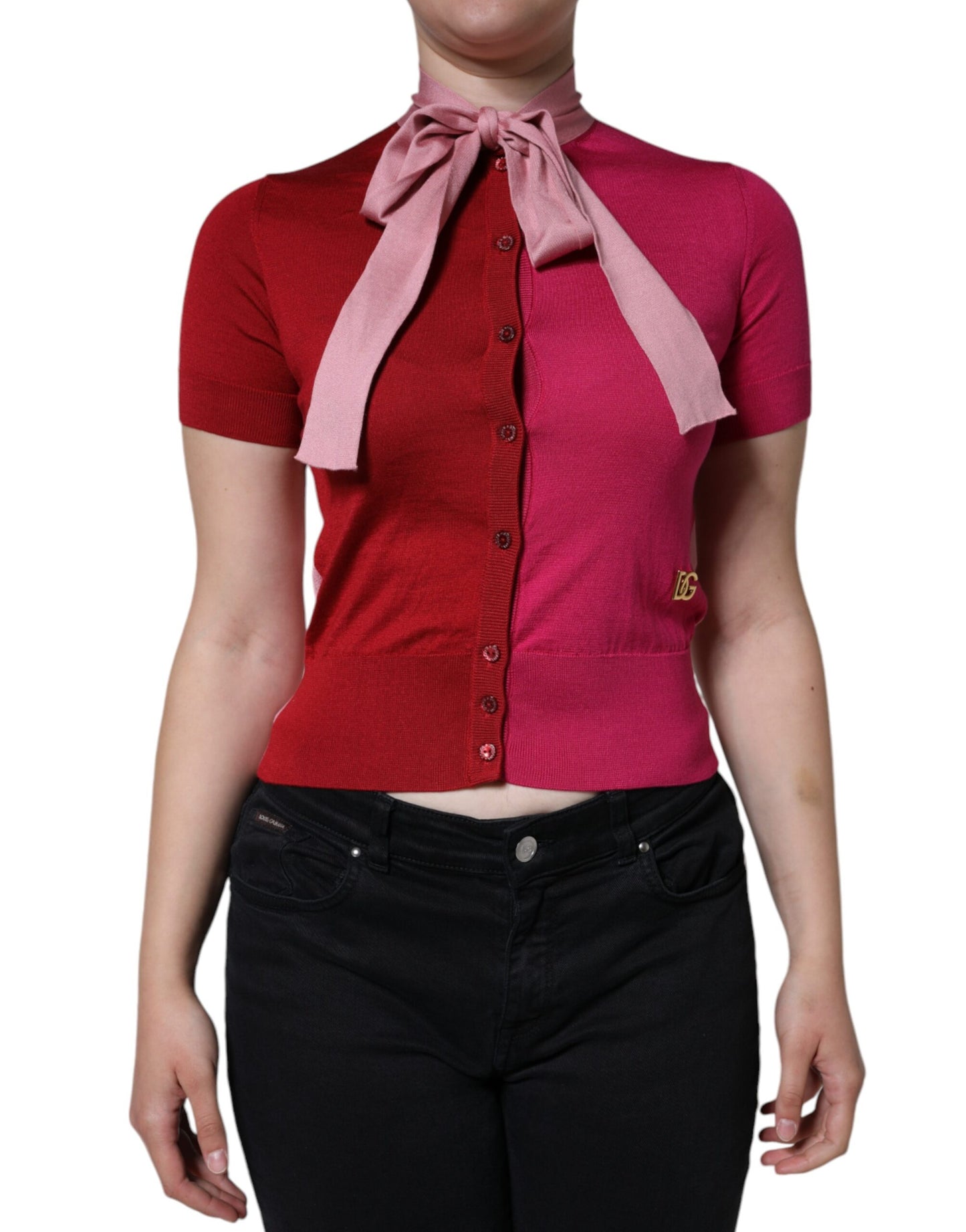 Dolce & Gabbana Pink Short Sleeves Pullover Ascot Collar Top by Dolce & Gabbana